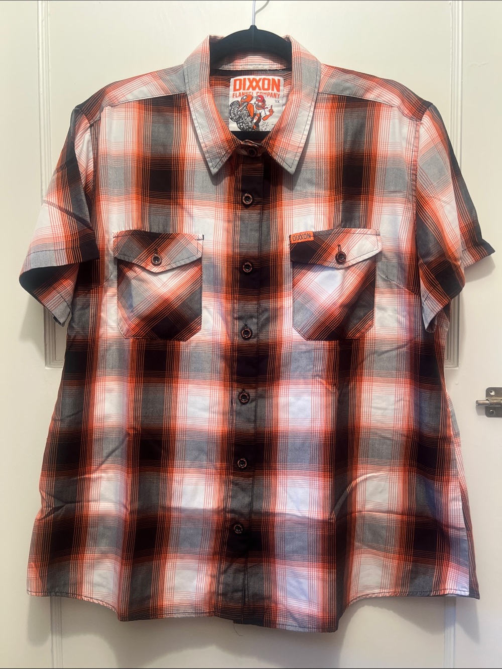 Women’s DIXXON Orange Black & White Plaid Short-Sleeve Button-Front Shirt 2X/XXL